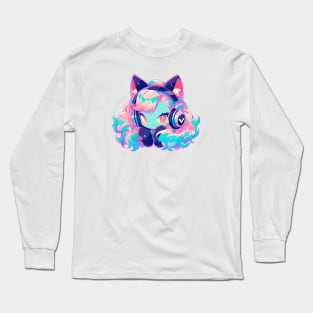 Cat Girl With Headphones Long Sleeve T-Shirt